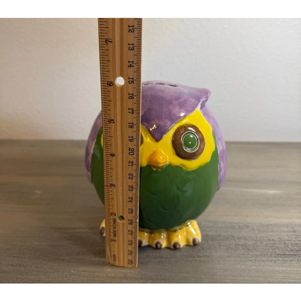 Vintage colorful, hand-painted ceramic owl piggy bank